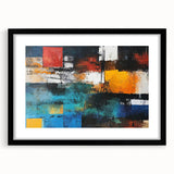 Abstract wall art print featuring vibrant strokes and lines in a modern design, framed in black with a white mat, ideal for contemporary decor.