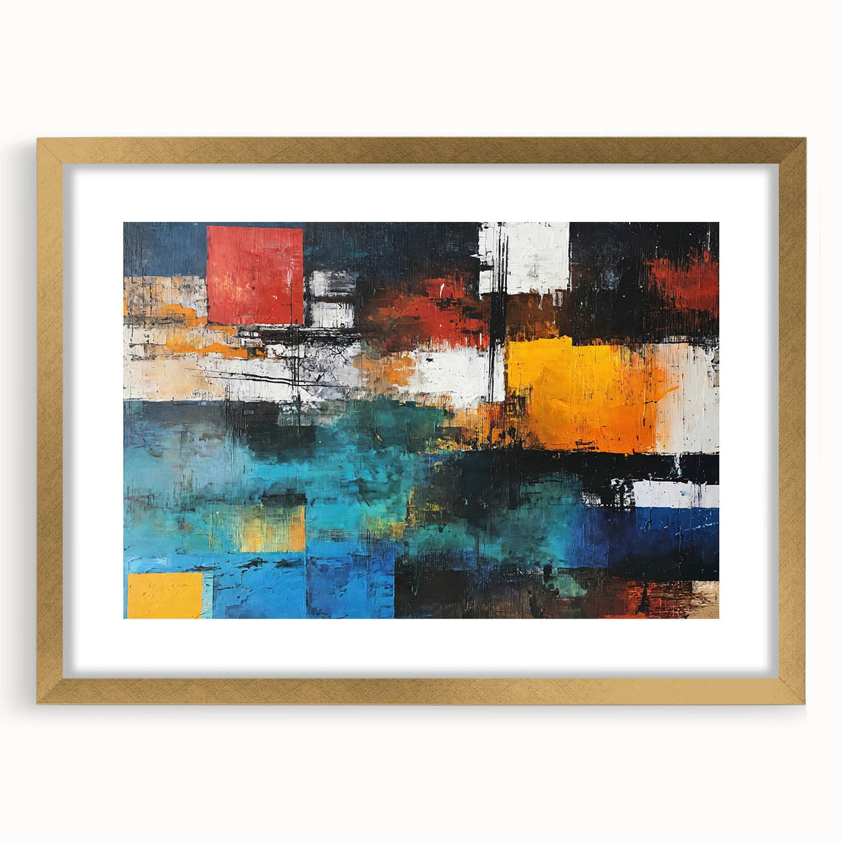 Framed abstract wall art showcasing an elegant design of gold strokes and lines, set against a neutral background, ideal for modern decor.