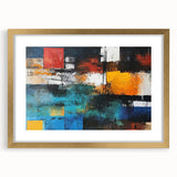 Framed abstract wall art showcasing an elegant design of gold strokes and lines, set against a neutral background, ideal for modern decor.