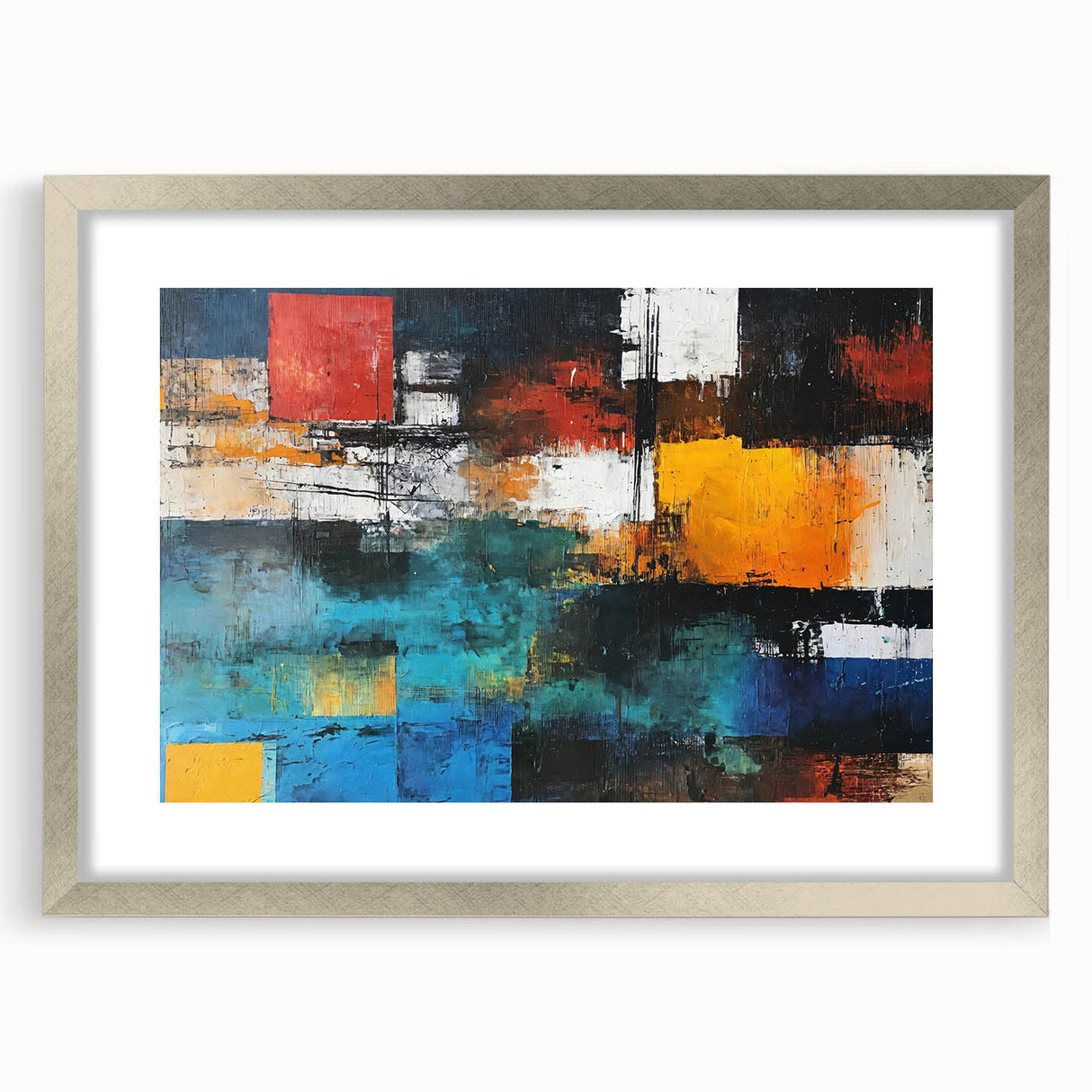 Abstract wall art featuring a collection of strokes and lines in various colors, framed with a silver mat, perfect for modern home decor.