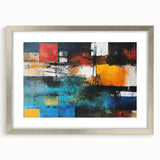 Abstract wall art featuring a collection of strokes and lines in various colors, framed with a silver mat, perfect for modern home decor.
