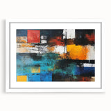 Abstract wall art featuring vibrant strokes and lines in a modern design, framed in white with a mat, ideal for contemporary decor.