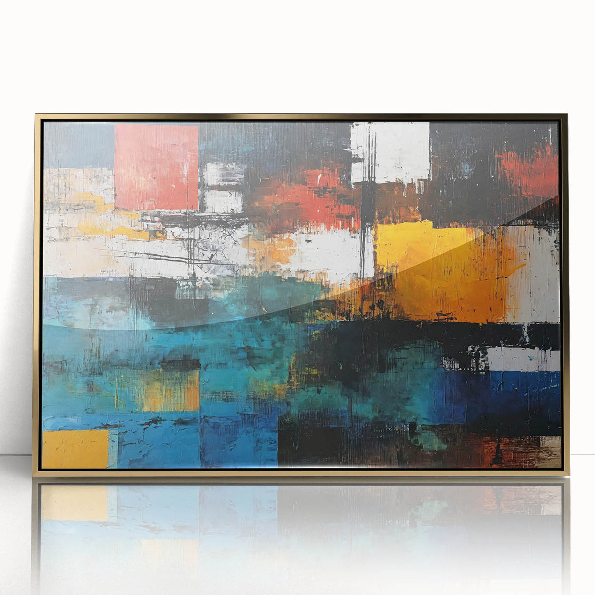 Framed abstract wall art featuring gold and black strokes on a white background, perfect for modern home decor and artistic interiors.