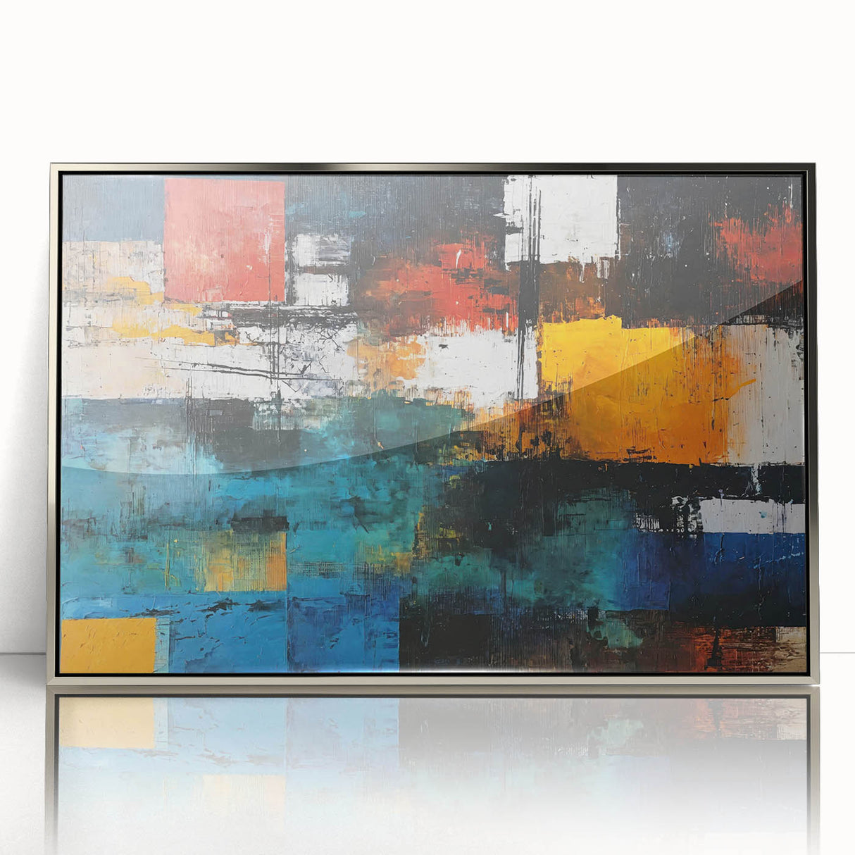 Framed wall art featuring an abstract design of silver strokes and lines on a textured background, ideal for modern decor enhancement.
