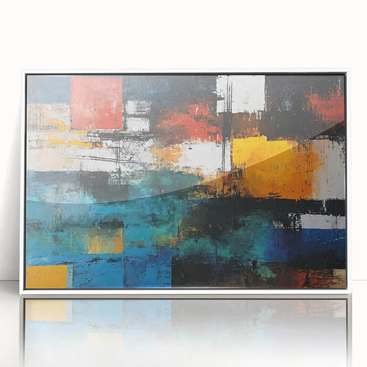 Framed abstract wall art featuring dynamic strokes and lines in varied colors, set against a sleek white background for modern decor.