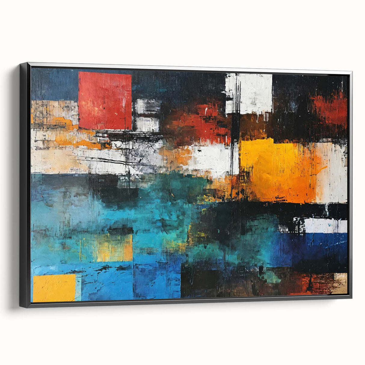 Framed abstract wall art featuring dynamic strokes and lines in black and white, showcasing modern design with a sleek side view.
