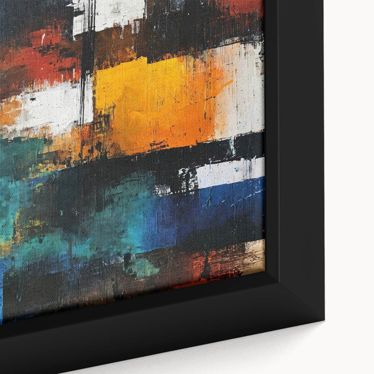 Close-up of abstract strokes and lines design in a colorful framed canvas wall art piece, showcasing vibrant hues and dynamic textures.