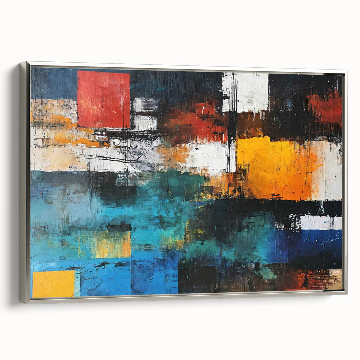 Framed abstract wall art featuring strokes and lines in silver and gray tones, elegantly displayed for modern home decor enhancement.