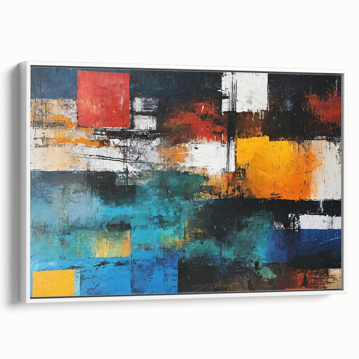 Framed abstract wall art featuring colorful strokes and lines on canvas, displayed in a sleek white frame, adds modern elegance to decor.