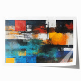 Abstract wall art print showcasing vibrant strokes and lines in shades of blue, orange, and yellow, perfect for modern home decor.