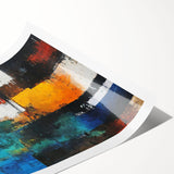 Abstract wall art print featuring vibrant strokes and lines in shades of blue, orange, and yellow, perfect for modern home decor and artistic spaces.