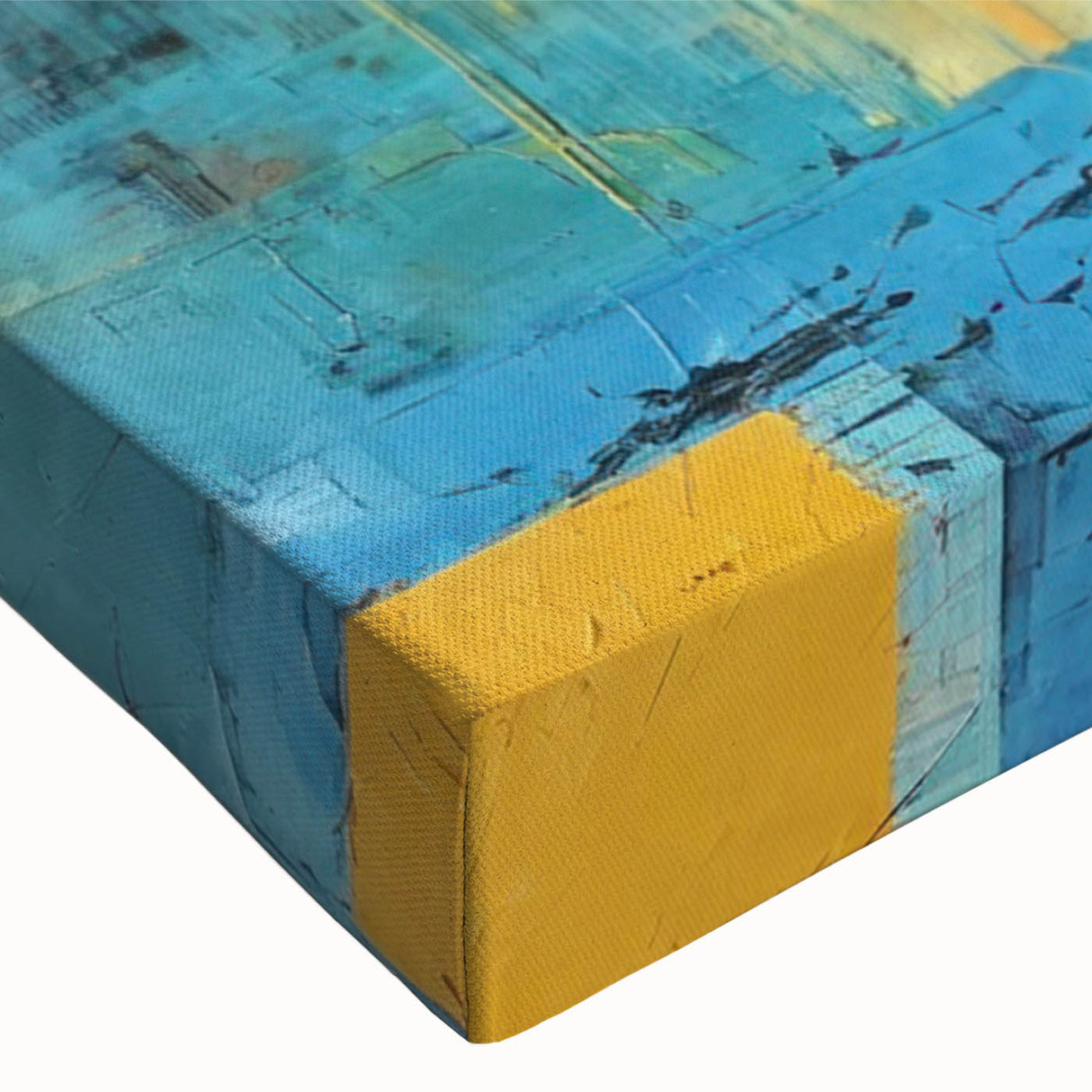 Close-up of a modern abstract canvas wall art featuring vibrant strokes and lines in blue, gold, and white, perfect for contemporary decor.