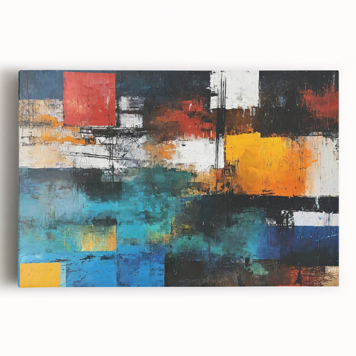 Abstract wall art canvas featuring vibrant strokes and lines in shades of blue, orange, and yellow, designed for modern decor enhancement.