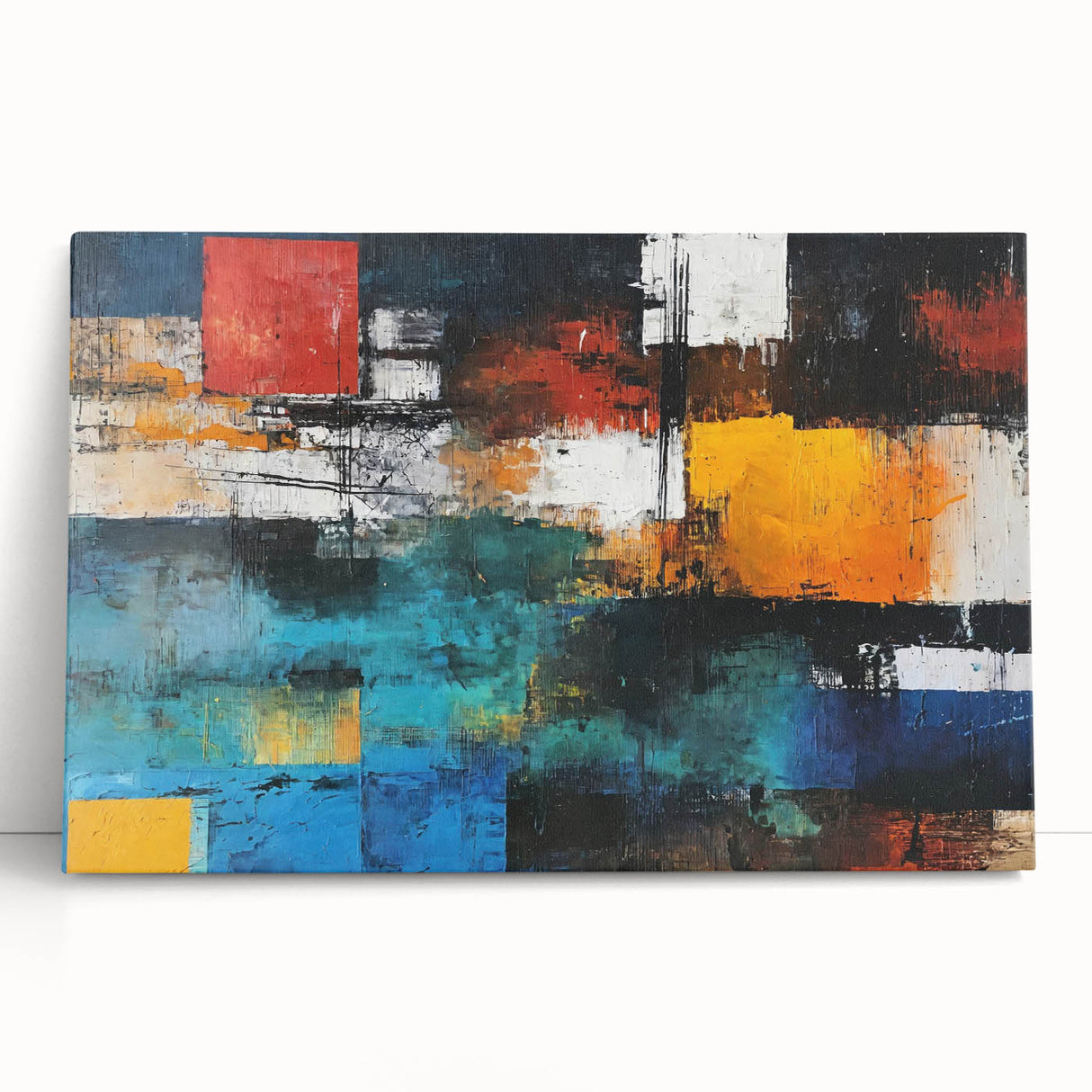 Abstract wall art featuring vibrant strokes and lines in a modern design, displayed on stretched canvas, adding color and style to any interior.