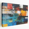 Abstract wall art canvas showcasing vibrant strokes and lines in shades of blue, orange, and yellow, emphasizing modern artistic flair and elegance.
