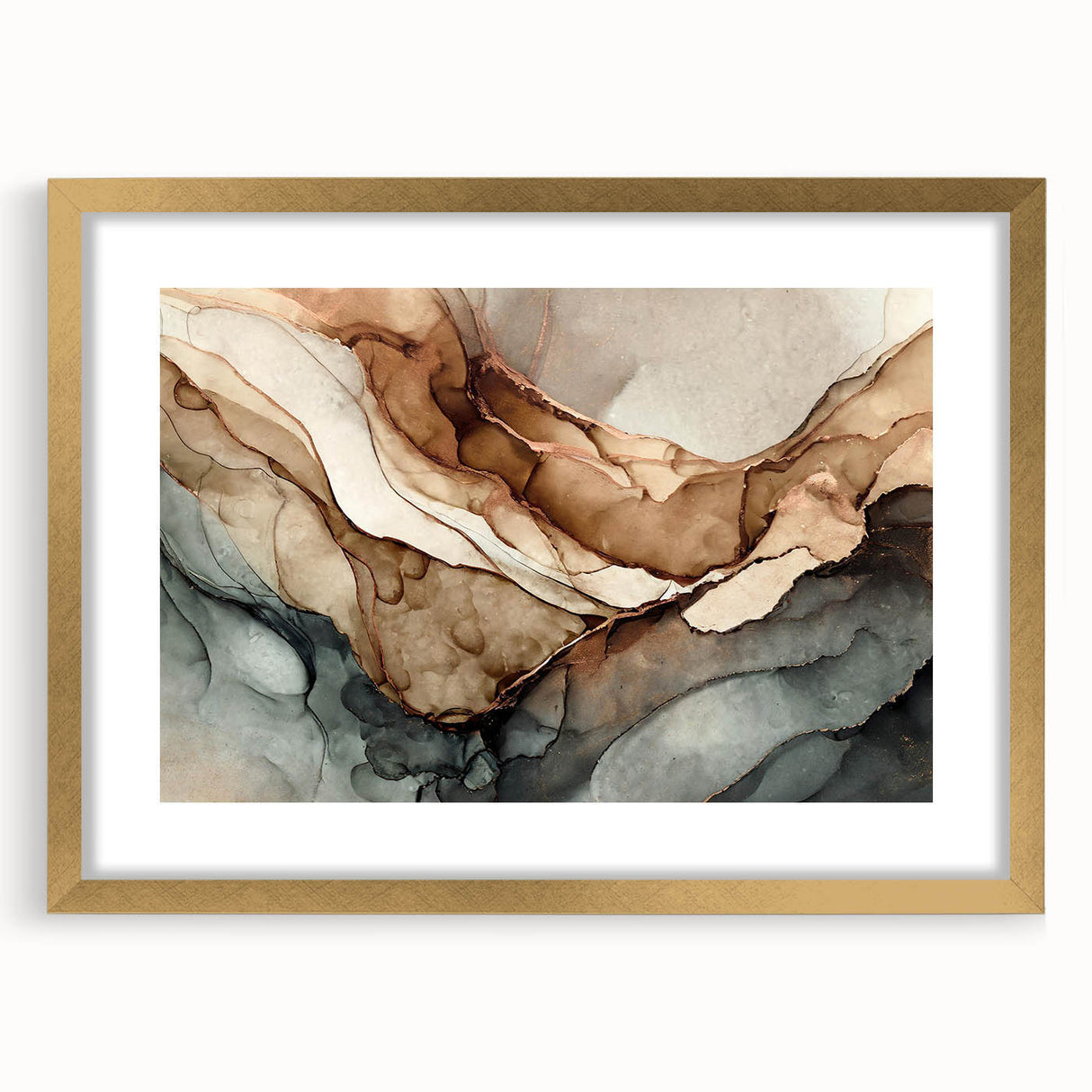 Framed abstract wall art featuring vibrant strokes and lines in gold, perfect for modern decor, enhancing any living space with elegance.