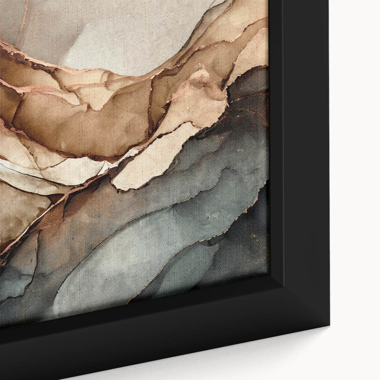 Close-up of abstract wall art design featuring vibrant strokes and lines in shades of blue, orange, and yellow, elegantly framed for display.