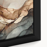 Close-up of abstract wall art design featuring vibrant strokes and lines in shades of blue, orange, and yellow, elegantly framed for display.