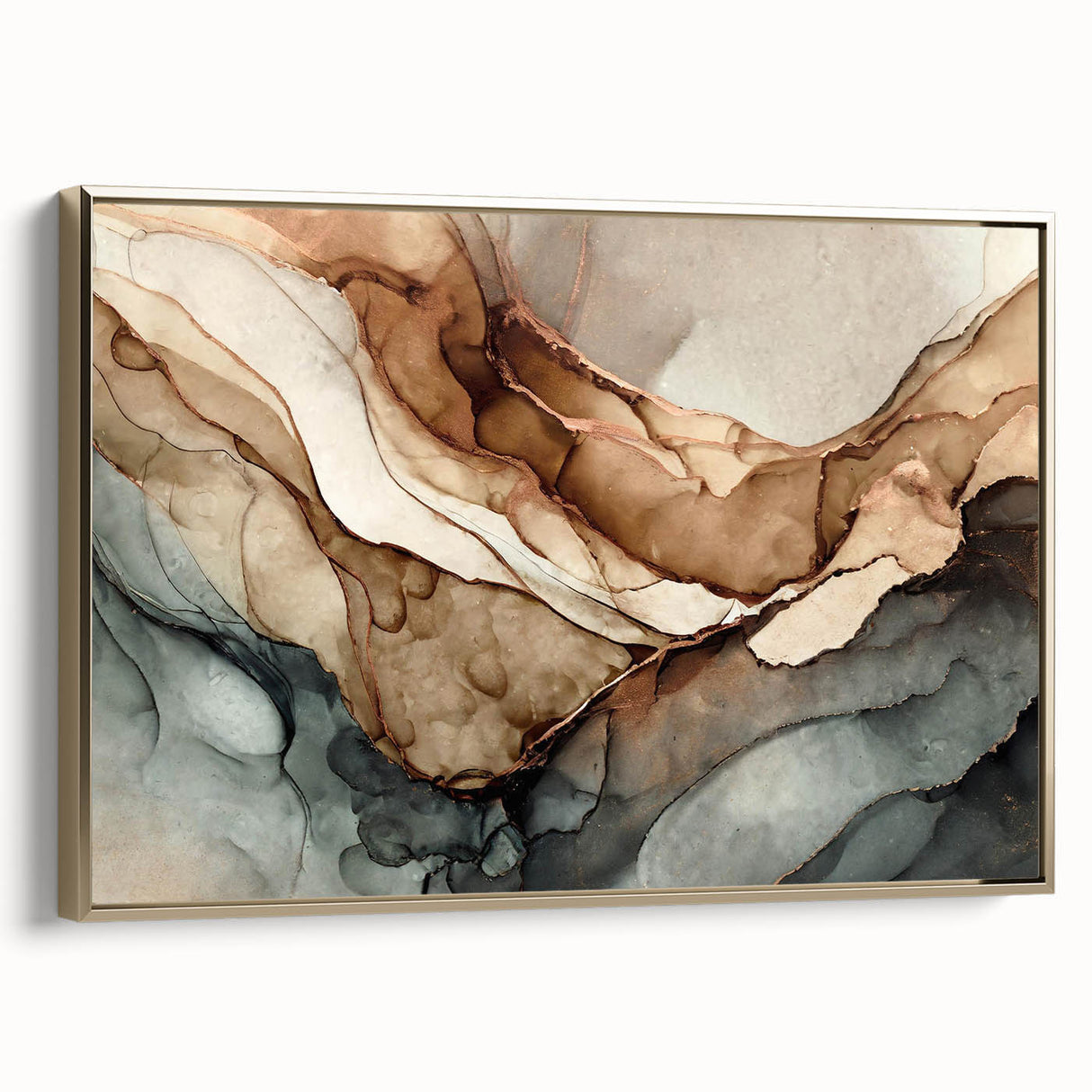Framed abstract wall art featuring vibrant strokes and lines in gold and navy, showcasing a modern design that enhances any decor.