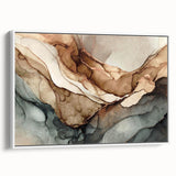 Framed abstract wall art featuring colorful strokes and lines on a canvas, presented in a sleek white frame, ideal for modern decor.