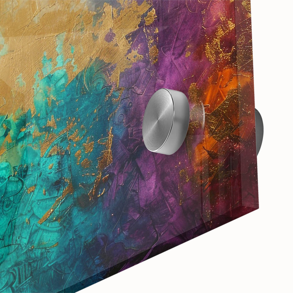 Close-up of an abstract wall art piece showcasing colorful strokes and lines on acrylic glass, perfect for modern decor enhancement.