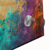 Close-up of an abstract wall art piece showcasing colorful strokes and lines on acrylic glass, perfect for modern decor enhancement.