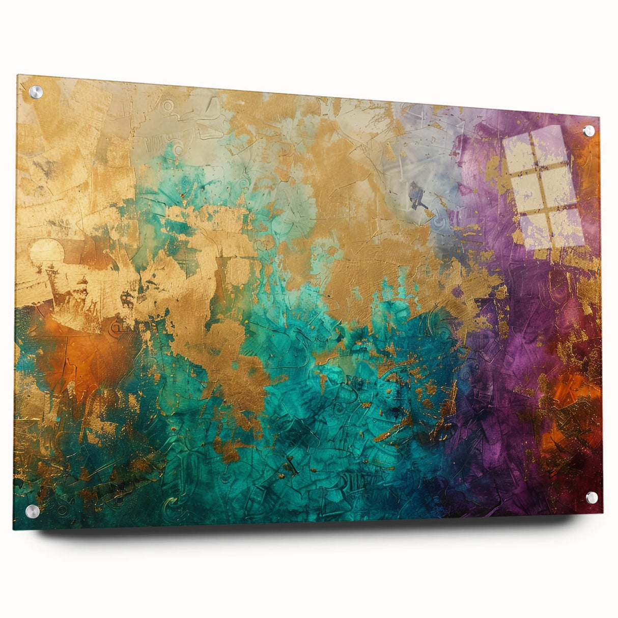 Abstract wall art design showcasing vibrant strokes and lines in a mix of blue, pink, and gold hues, elegantly displayed in a modern acrylic glass frame.