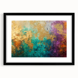 Abstract wall art featuring a modern design of colorful strokes and lines, framed in black with a white mat, perfect for contemporary decor.