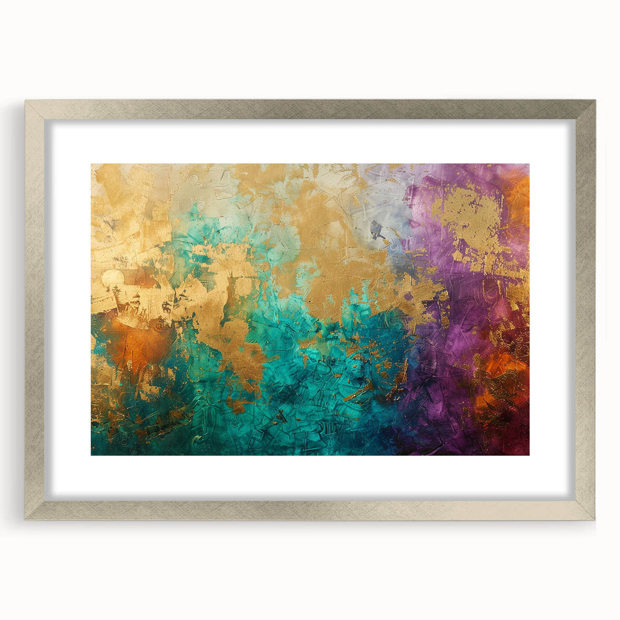 Abstract strokes and lines design wall art with a silver frame and mat, showcasing a modern aesthetic perfect for contemporary decor.