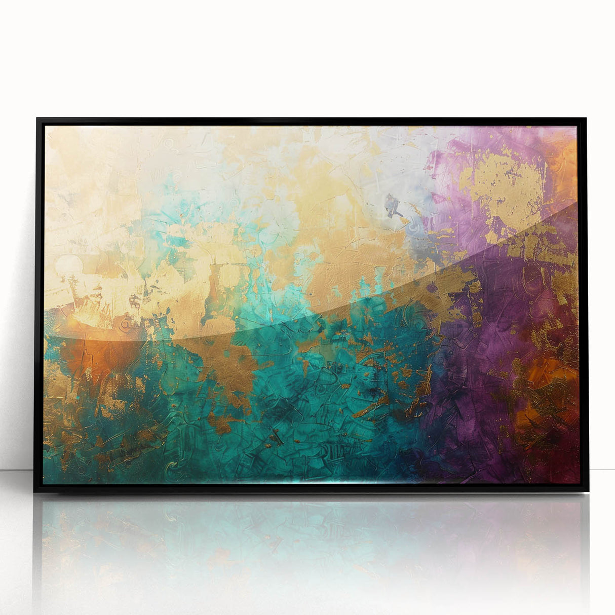 Framed abstract wall art featuring colorful strokes and lines in vibrant hues, set against a sleek black frame, perfect for modern decor.
