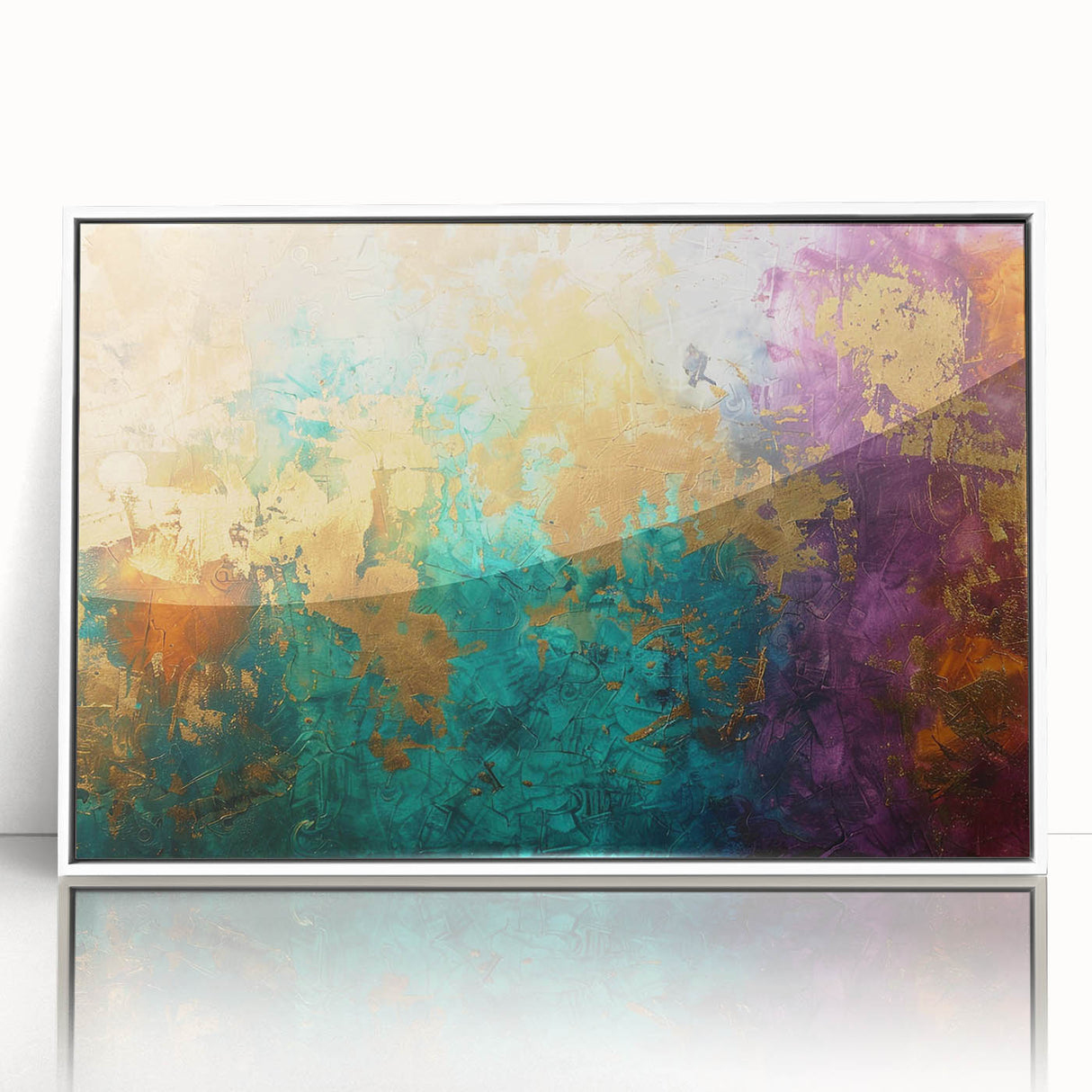 Framed wall art showcasing an abstract design of colorful strokes and lines, featuring a sleek white frame, ideal for modern home decor.