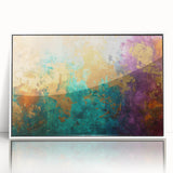 Framed wall art showcasing an abstract design of colorful strokes and lines, featuring a sleek white frame, ideal for modern home decor.