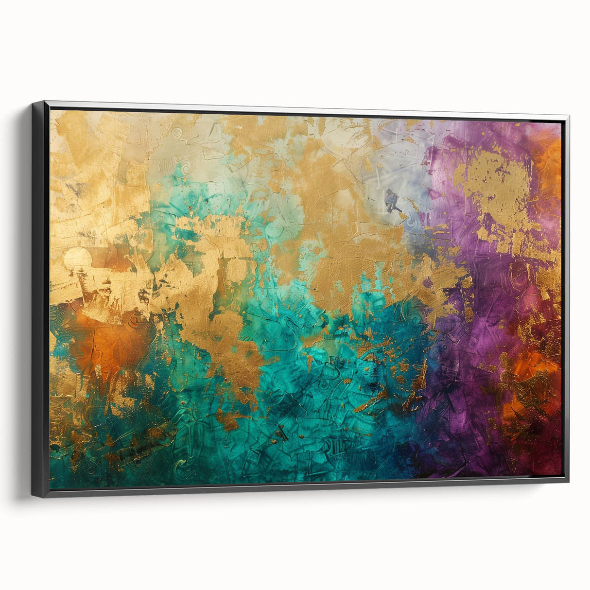 Framed canvas wall art showcasing an abstract design of colorful strokes and lines, featuring a sleek black frame and side view.