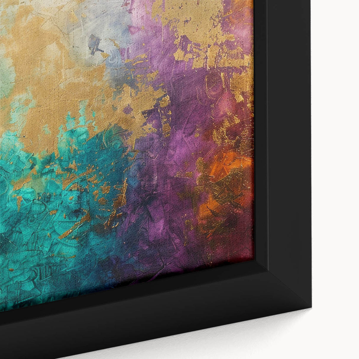 Close-up of a framed abstract wall art piece showcasing vibrant strokes and lines in bold colors, perfect for modern decor enhancement.