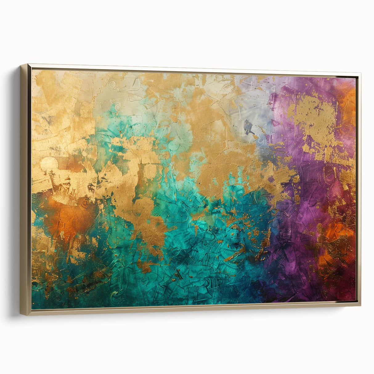 Framed canvas wall art showcasing an abstract design of gold strokes and lines, adding elegance to home decor with a modern touch.