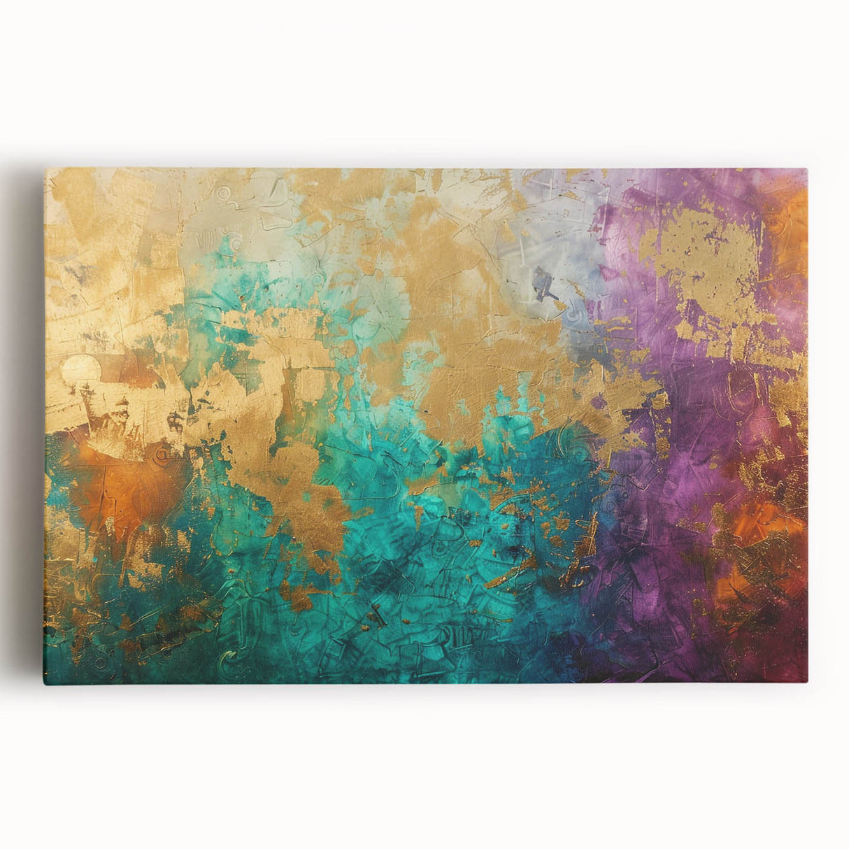 Colorful abstract strokes and lines wall art on stretched canvas, showcasing vibrant hues of blue, orange, and gold, perfect for modern decor.