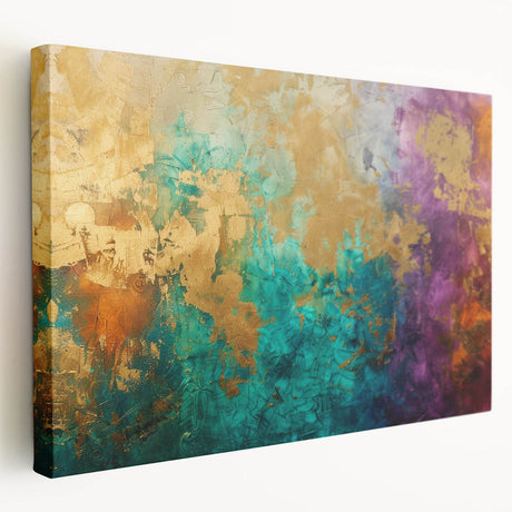 Abstract wall art canvas featuring vibrant strokes and lines in shades of blue, pink, and gold, highlighting modern artistic design for home decor.