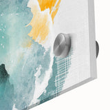 Close-up of an abstract wall art design featuring colorful strokes and lines on acrylic glass, showcasing vibrant hues and fluid patterns, perfect for modern décor.