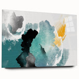 Abstract modern wall art design showcasing vibrant strokes and lines in a harmonious color palette, displayed in a sleek acrylic glass frame, enhancing contemporary decor.