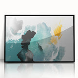 Framed acrylic wall art featuring an abstract design of colorful strokes and lines in a modern black frame, perfect for contemporary decor.