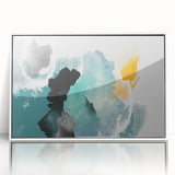 Framed wall art featuring an abstract design of colorful strokes and lines on a white background, perfect for modern decor. This acrylic piece enhances any space.