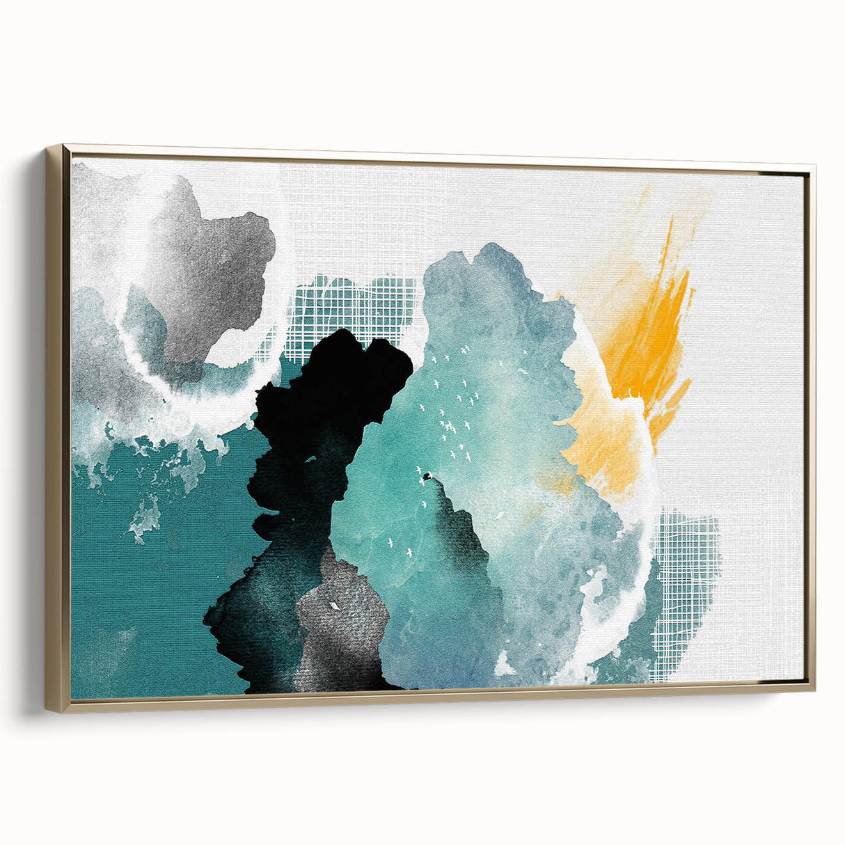 Framed canvas wall art showcasing an abstract design with gold strokes and lines, adding a modern touch to interior decor. Perfect for stylish home aesthetics.