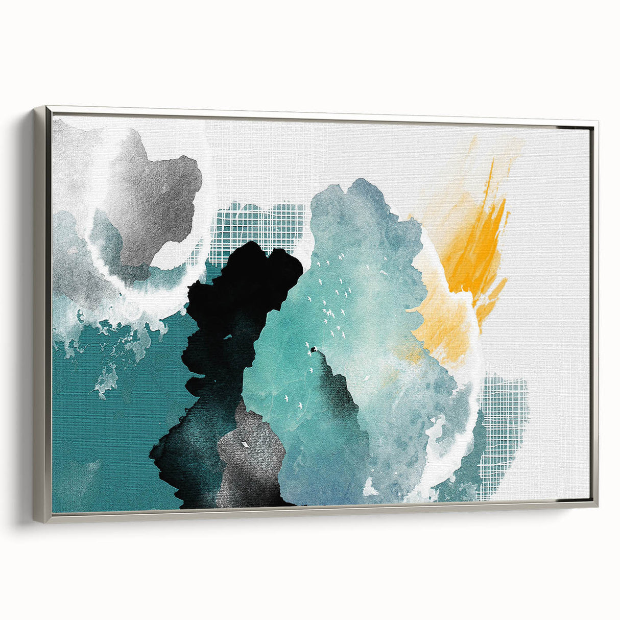 Framed abstract wall art featuring strokes and lines in silver tones, showcasing a modern design suitable for contemporary decor in living spaces.