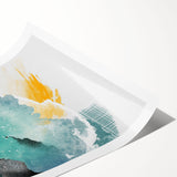 Abstract wall art design featuring dynamic strokes and lines in shades of blue, orange, and yellow, rolled up in a protective cardboard tube for easy shipping.