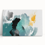 Abstract wall art featuring vibrant strokes and lines in shades of blue, green, and gold, printed on stretched canvas for modern home decor. Perfect for enhancing contemporary interiors.