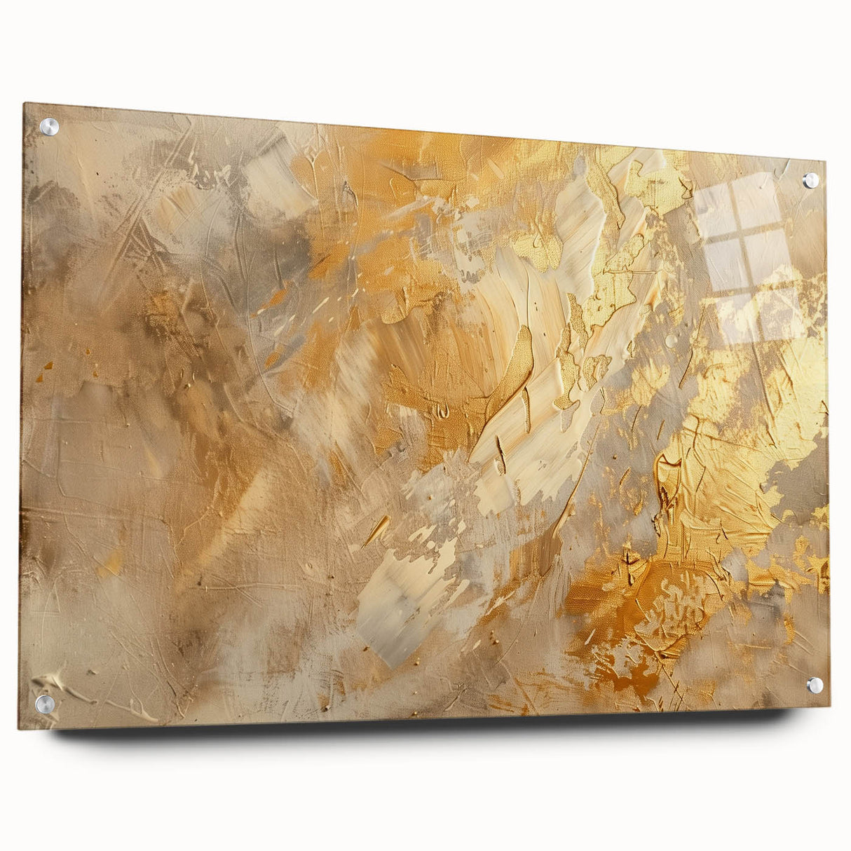 Abstract wall art design showcasing vibrant strokes and lines in a modern acrylic glass frame, elegantly displayed with pins for hanging.