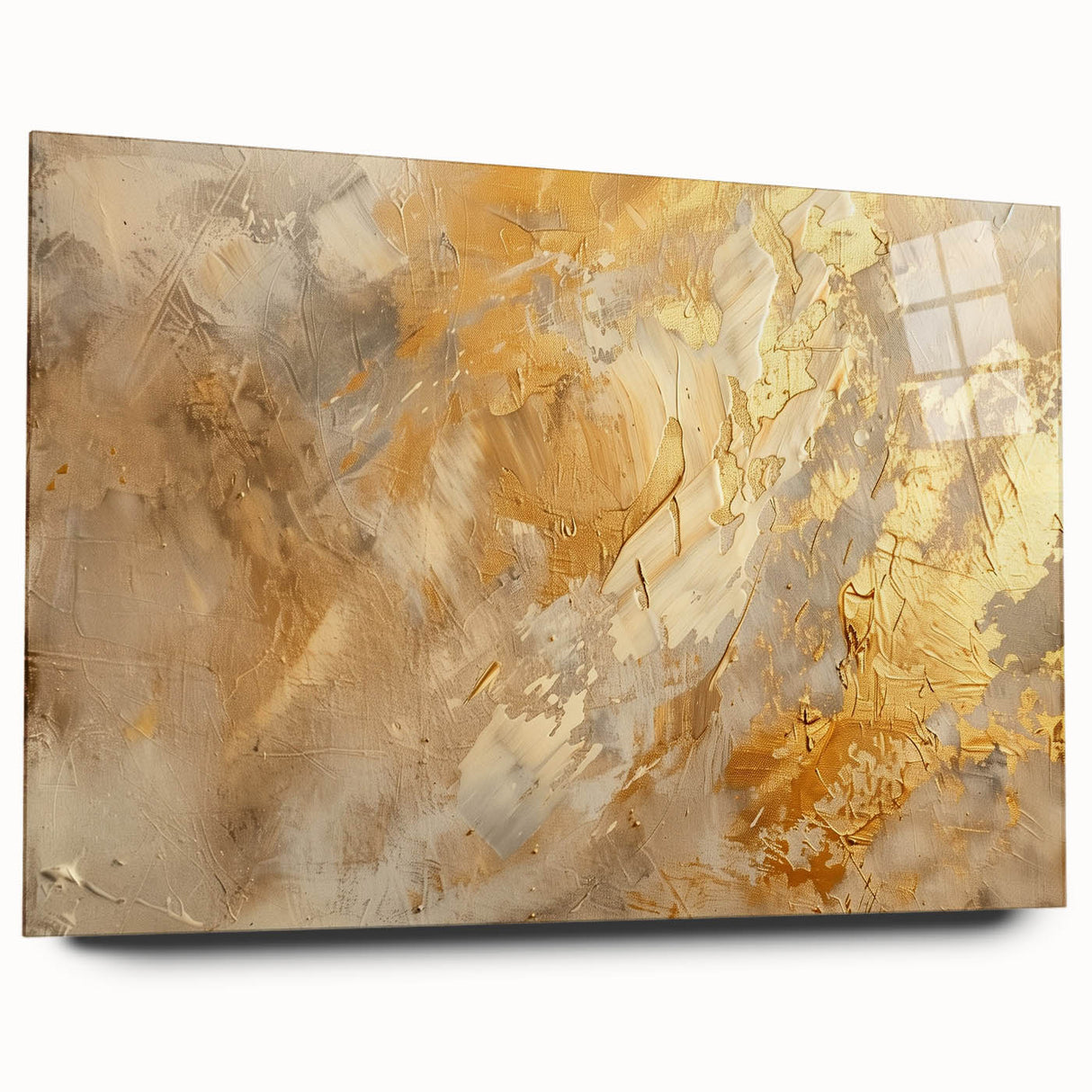 Acrylic glass wall art featuring an abstract design of colorful strokes and lines, elegantly displayed without pins, perfect for modern decor.