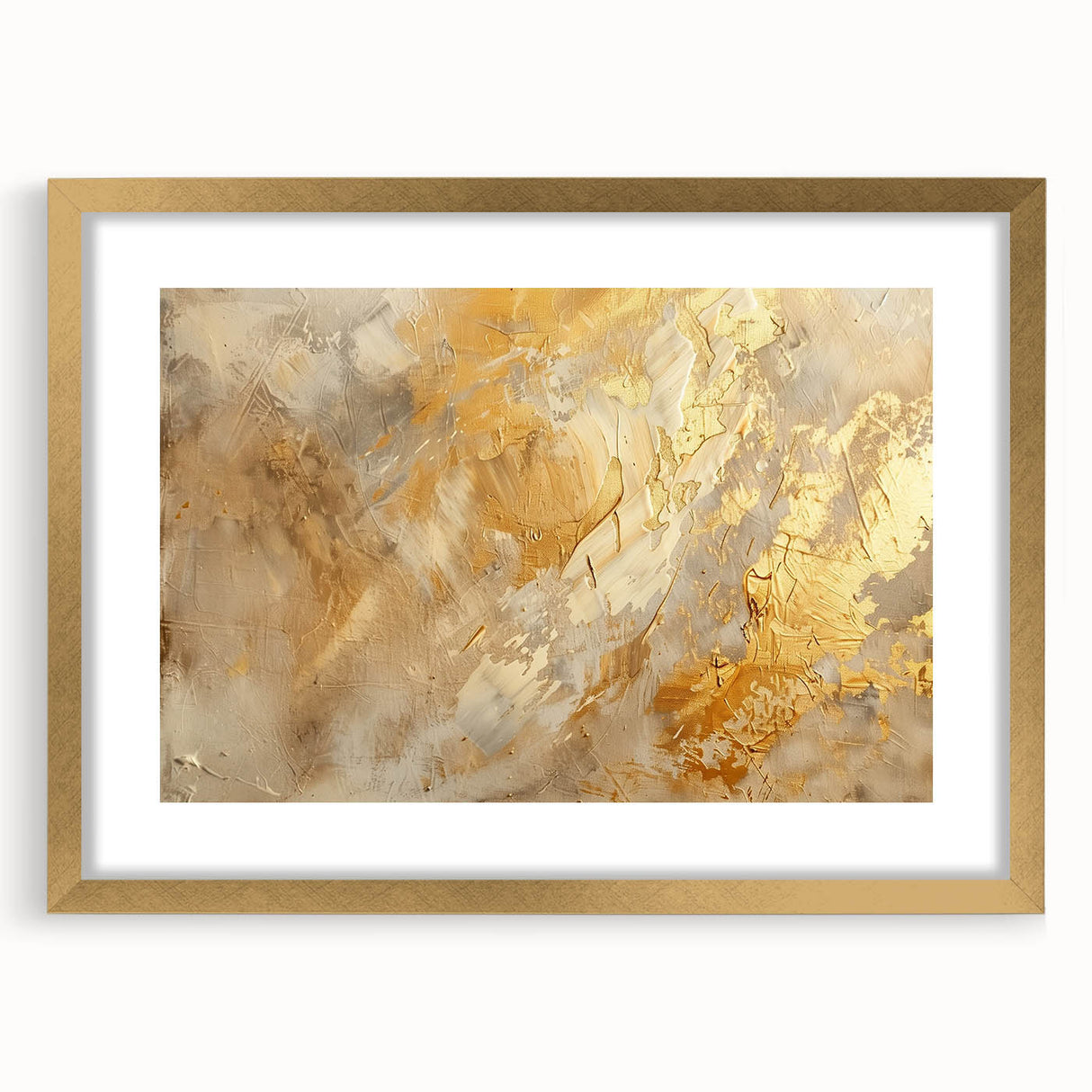 Abstract wall art featuring strokes and lines in a dynamic gold and white color palette, framed with a mat for an elegant display.