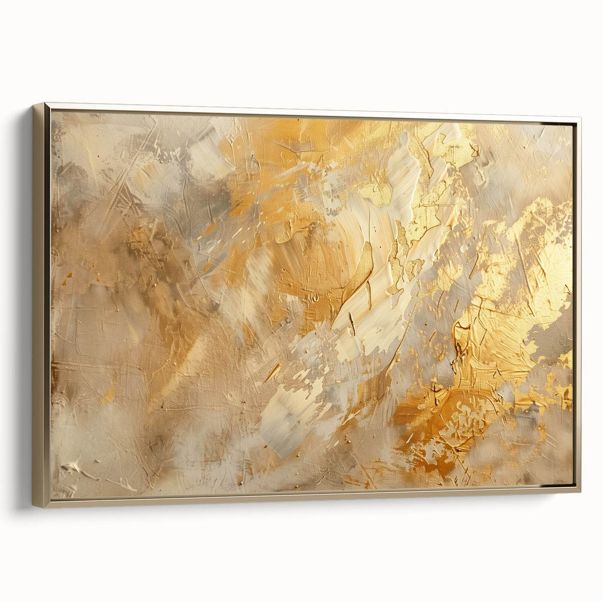Framed canvas artwork showcasing an abstract design with gold strokes and lines, elegantly displayed from a side view, perfect for modern decor.