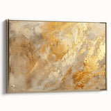 Framed canvas artwork showcasing an abstract design with gold strokes and lines, elegantly displayed from a side view, perfect for modern decor.